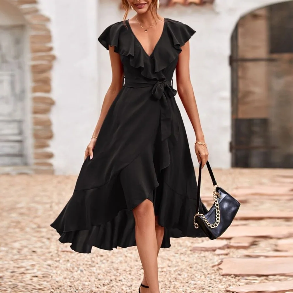 Boho Navy Blue  ruffle hem wrap belted Maxi Dress - Picture 2 of 13